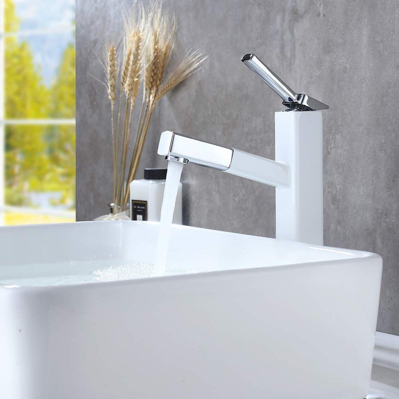 KAIYING Bathroom Pull Down Vessel Sink Faucet, Lavatory Single Hole Basin Sink Faucet with Pull Out Sprayer, Single Handle Utility Mixer Tap with Rotating Spout (Tall, Chrome & White) - Image 1